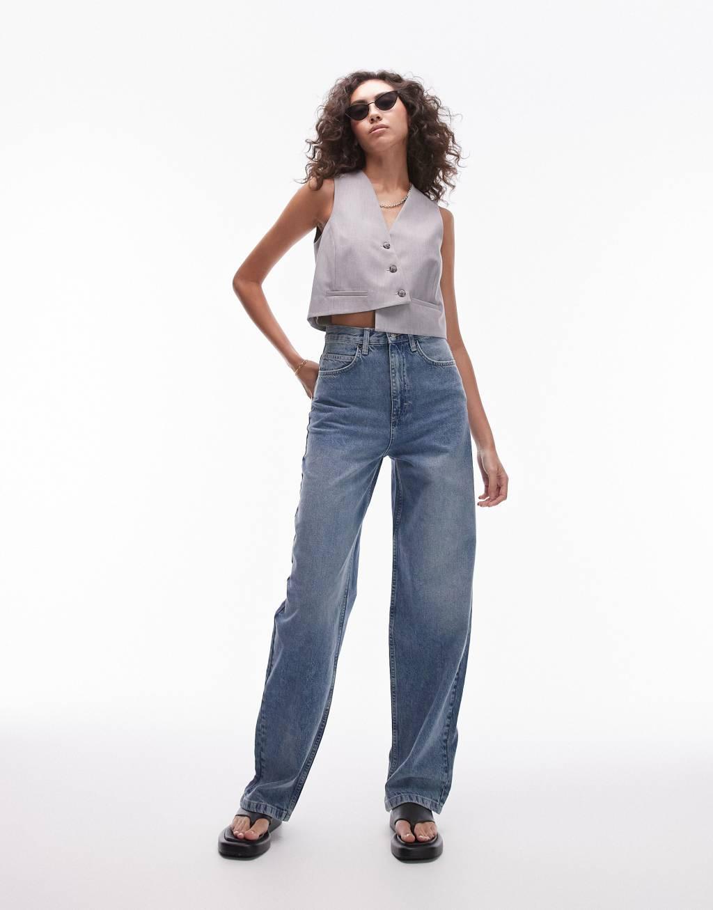 Topshop Tall high rise baggy jeans in extreme mid blue  Product Image