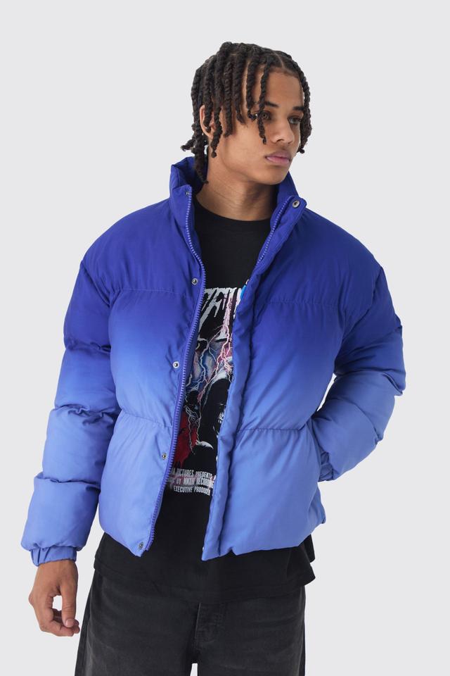 Boxy Ombre Funnel Neck Puffer Coat In Blue | boohooMAN USA Product Image