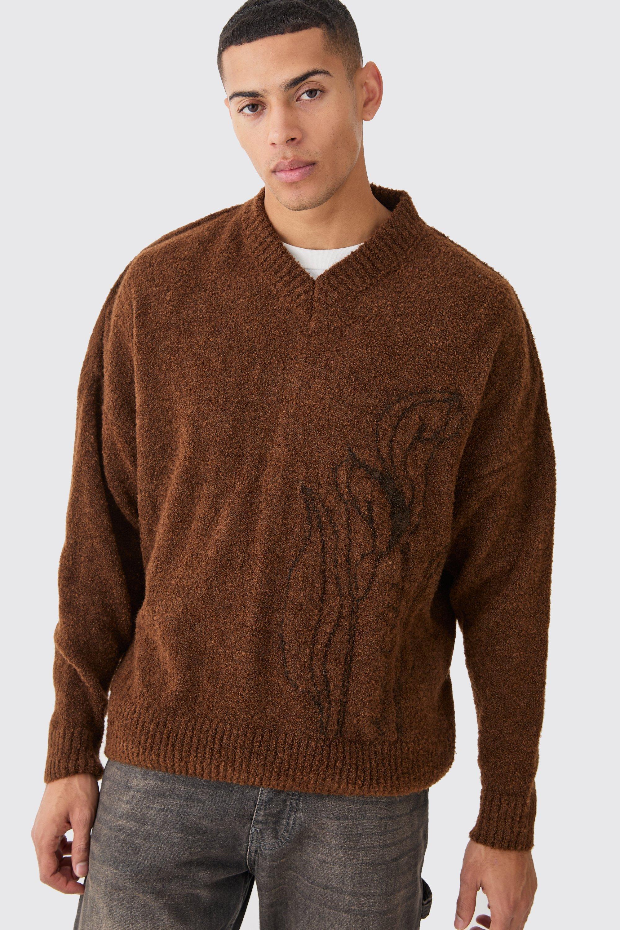 Boxy V Neck Boucle Textured Knit Jumper | boohooMAN USA Product Image