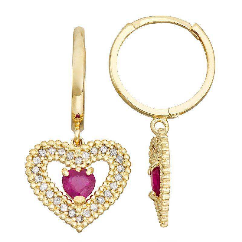 Tiara 10k Gold Ruby & 1/3 Carat T.W. Diamond Heart Drop Earrings, Womens Product Image