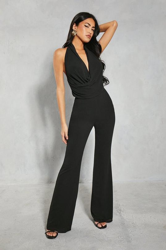 Chiffon Draped Neck Low Back Flare Leg Jumpsuit  Product Image