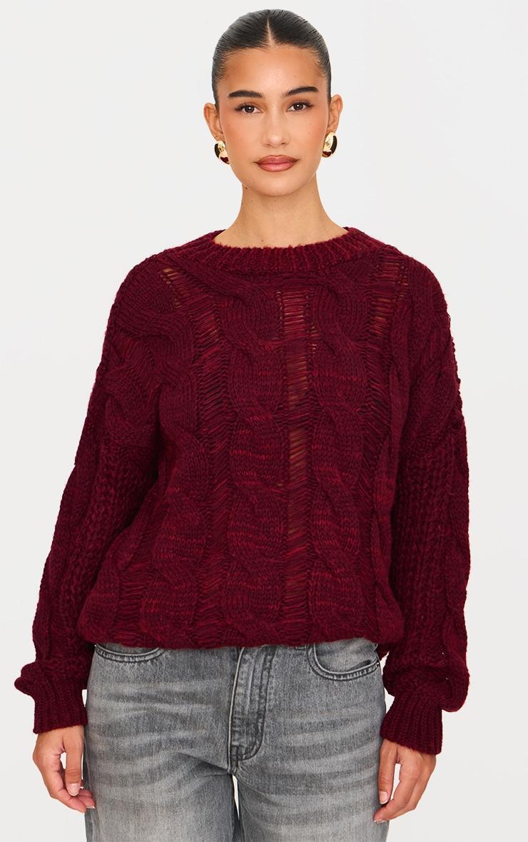  Burgundy Marl Knit Distressed Detail Chunky Cable Sweater Product Image