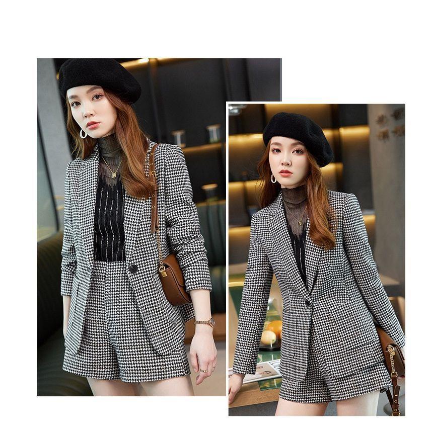 One Buttoned Plaid Blazer / High Waist Dress Shorts Product Image