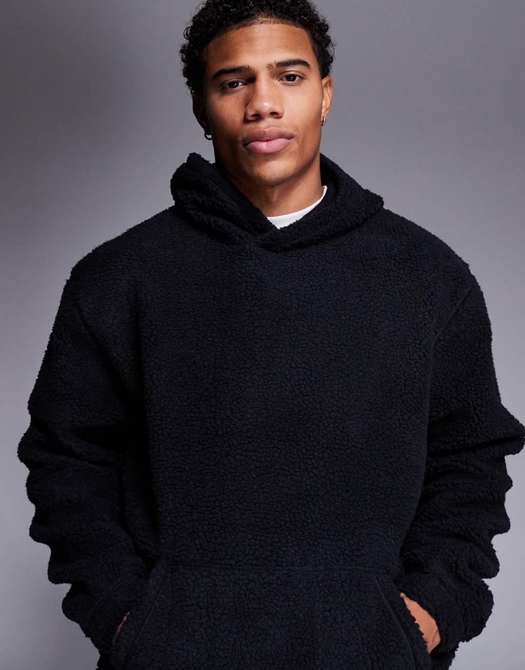 ASOS DESIGN oversized borg hoodie in black Product Image