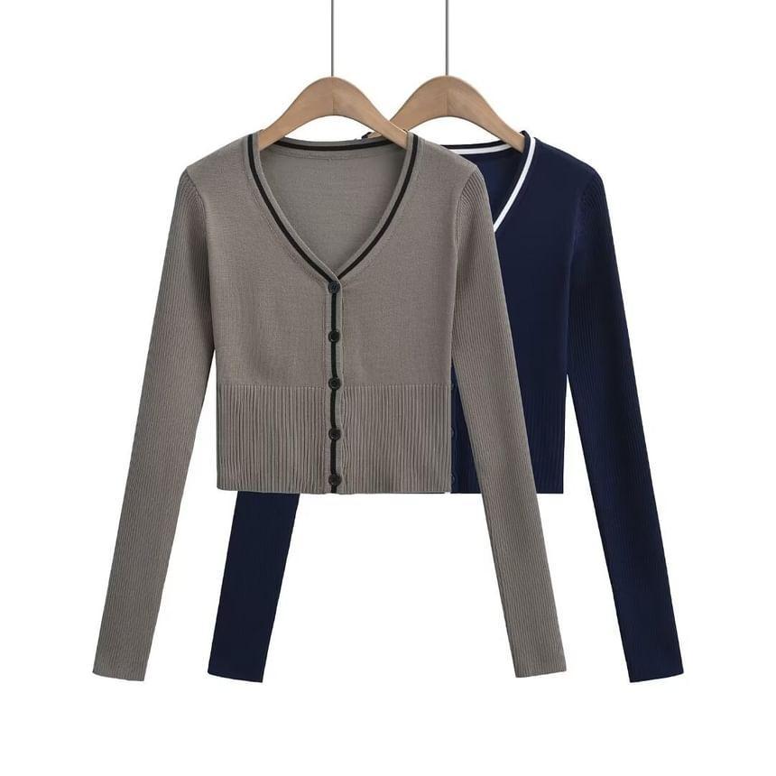 V-Neck Contrast Trim Button-Up Cardigan Product Image