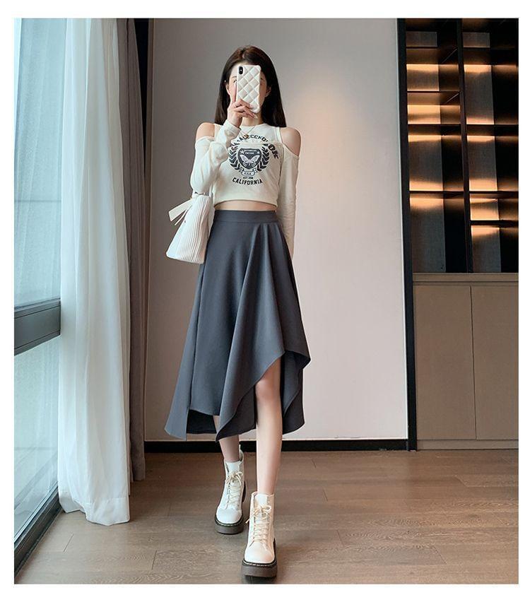 High Waist Plain Asymmetrical Midi A-Line Skirt Product Image