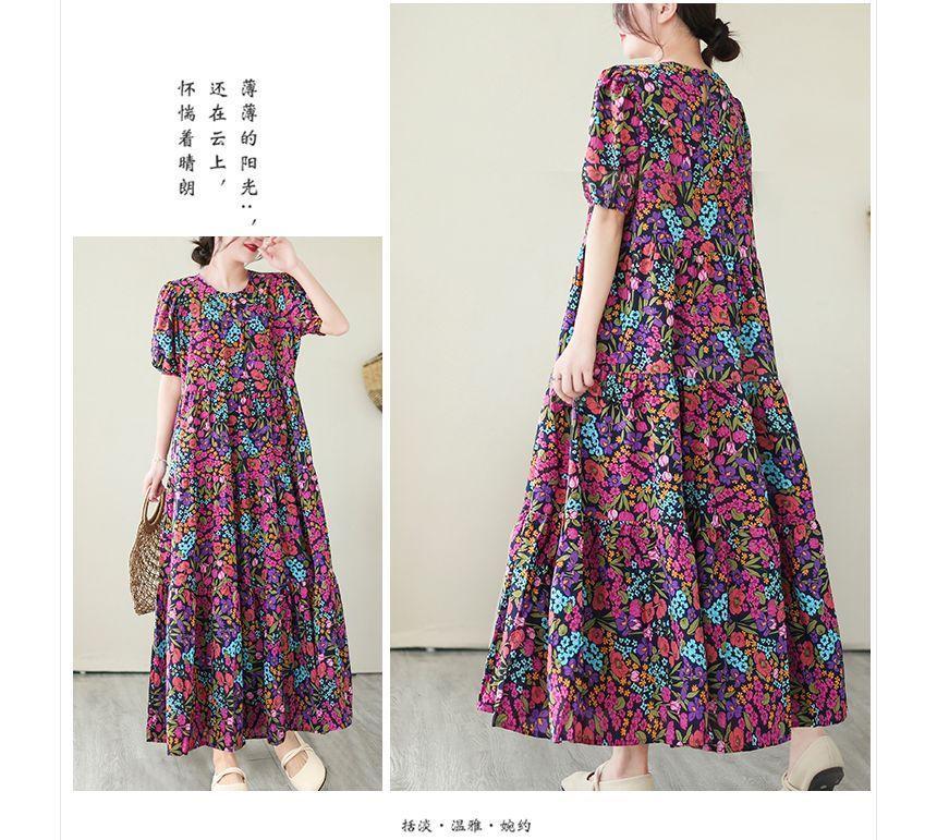 Short-Sleeve Floral Maxi A-Line Dress Product Image