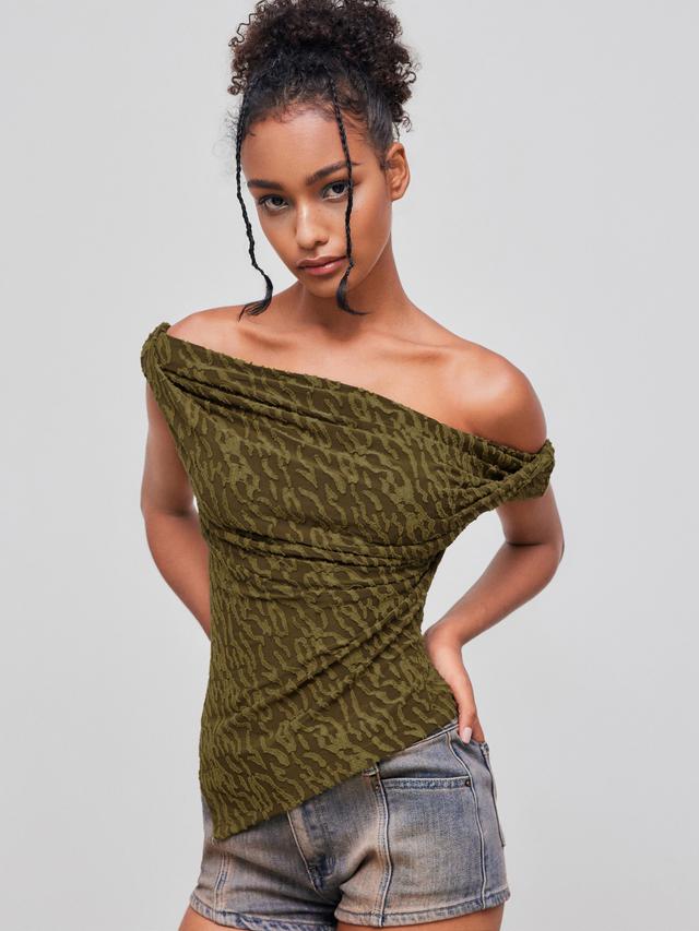 Jacquard Off-shoulder Asymmetrical Hem Ruched Top Product Image