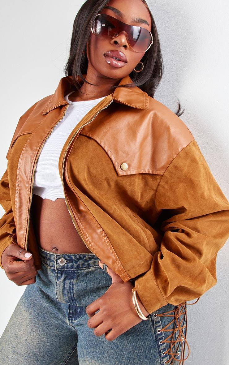 Plus Brown Faux Suede Western Panel Detail Oversized Jacket Product Image