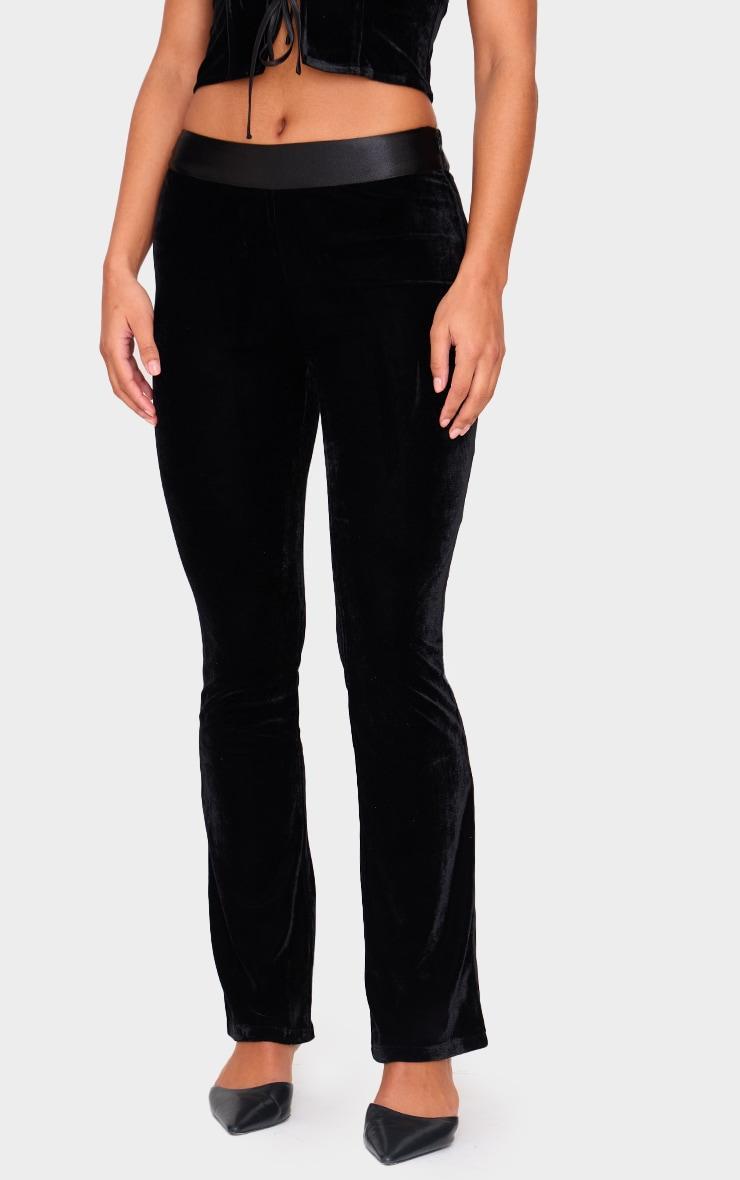 Black Velvet Satin Waistband Skinny Flare Pants Product Image