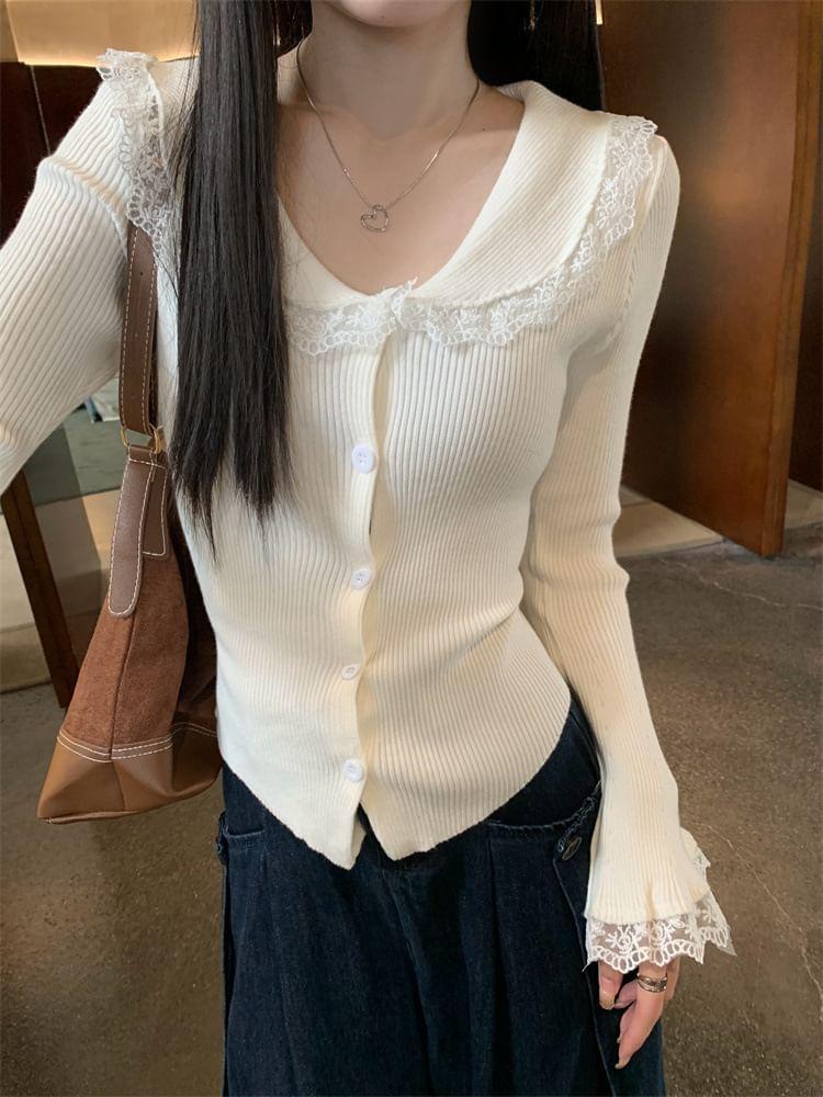 Long-Sleeve Collar Lace Trim Button Ribbed Knit Top Product Image