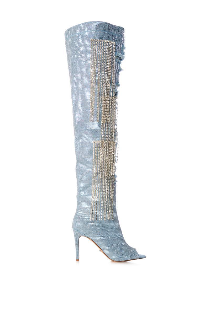 AZALEA WANG MADILYN RHINESTONE DENIM PEEP TOE BOOT Product Image