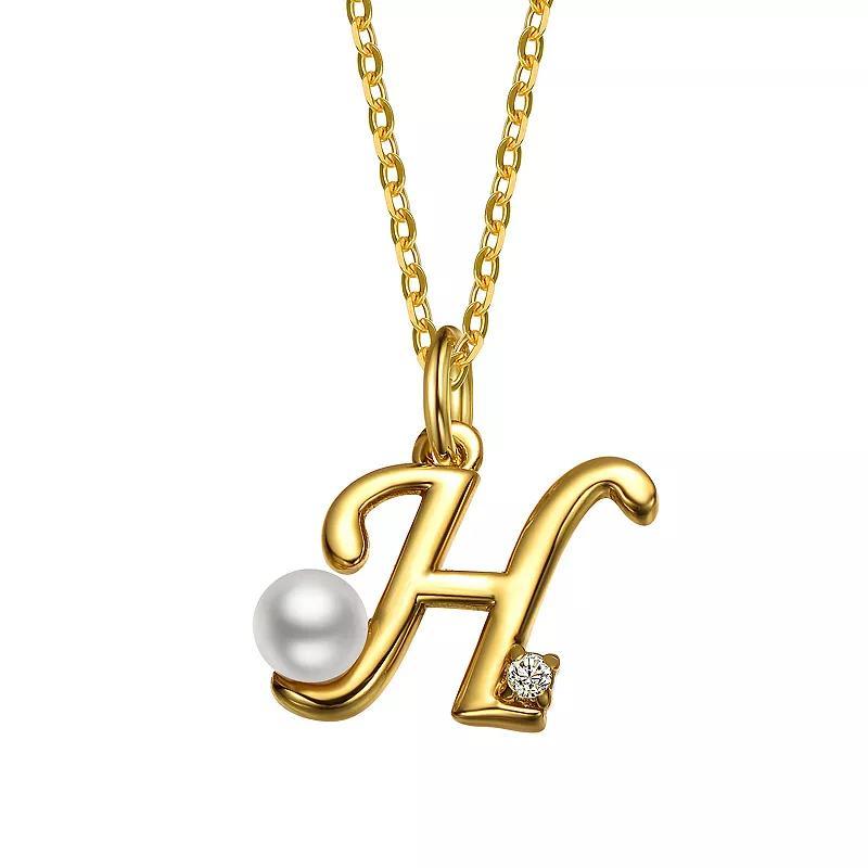 14k Gold Plated Simulated Pearl Initial Pendant Necklace, Womens Yellow Product Image