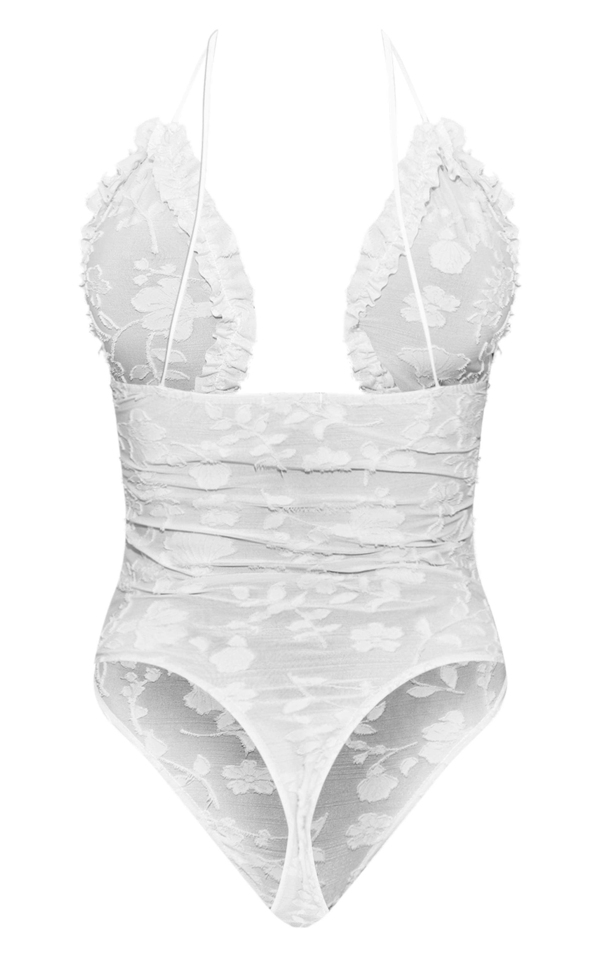 Cream Textured Ruffle Cut Out Detail Bodysuit Product Image