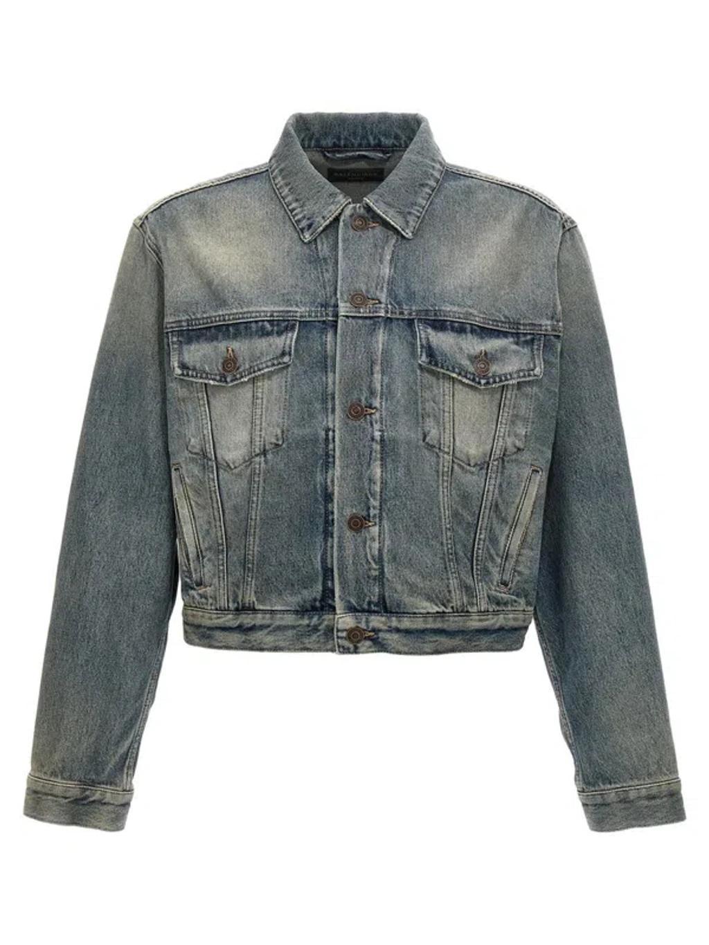 BALENCIAGA Rhinestone Logo Denim Jacket In Blue Product Image