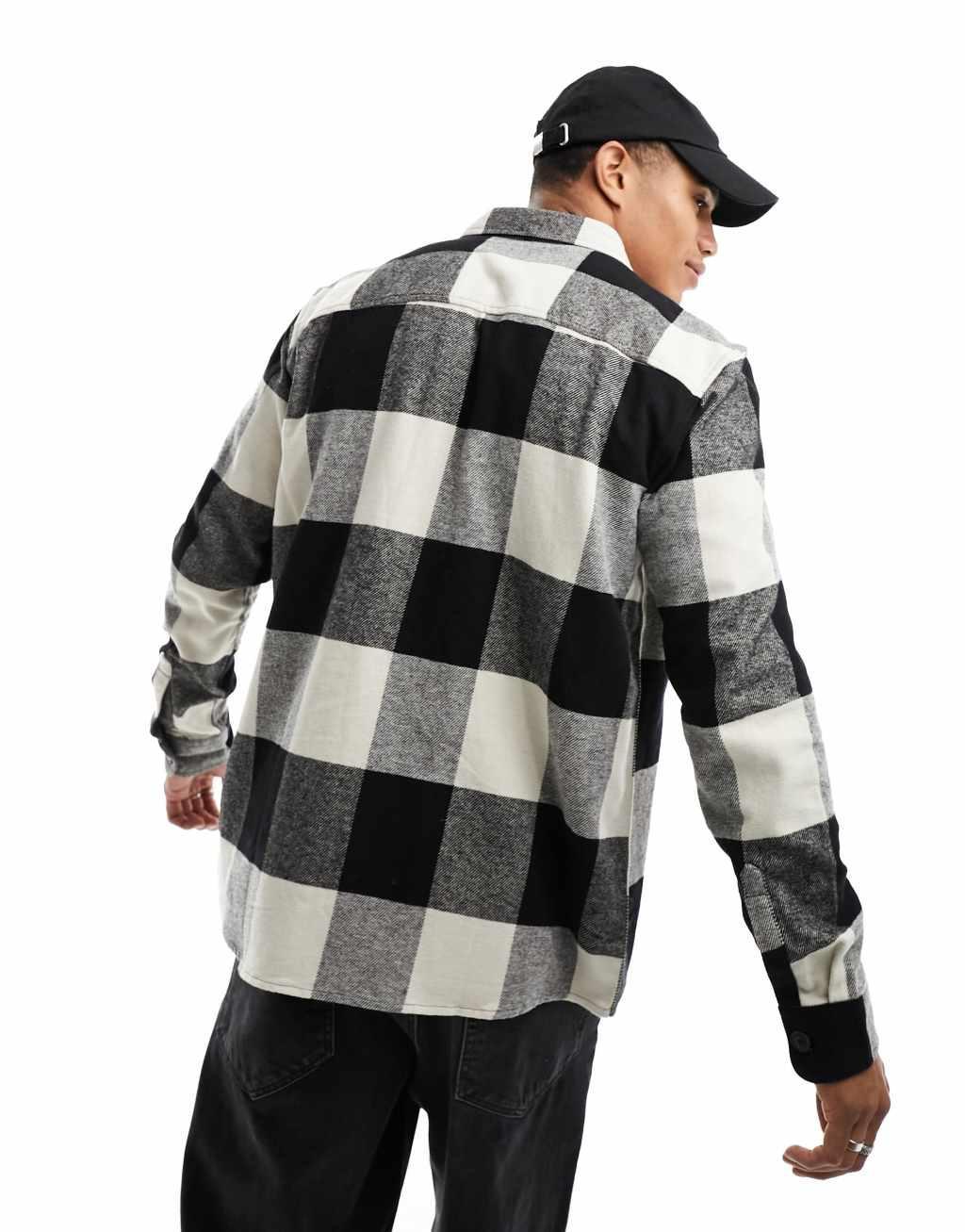 Only & Sons buffalo check overshirt in black and beige Product Image