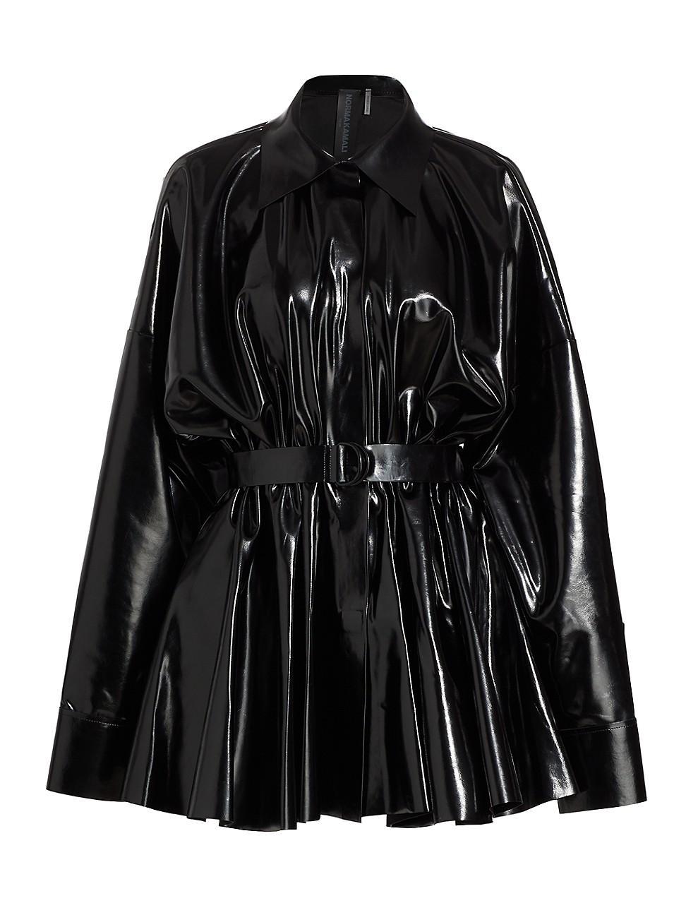 Womens Faux Patent Leather Oversized Tie-Waist Shirtdress Product Image