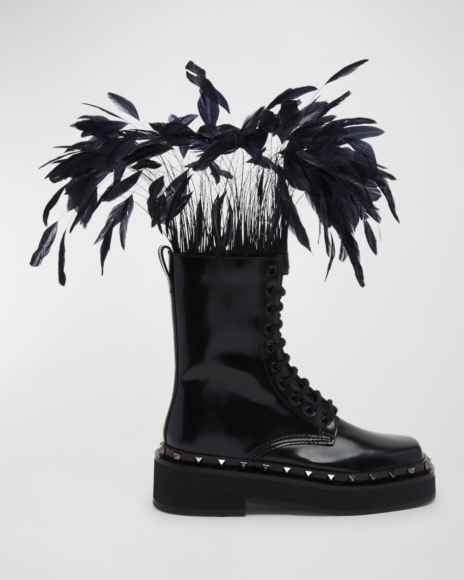 Rockstud Patent Leather Combat Boots with Feathers Product Image