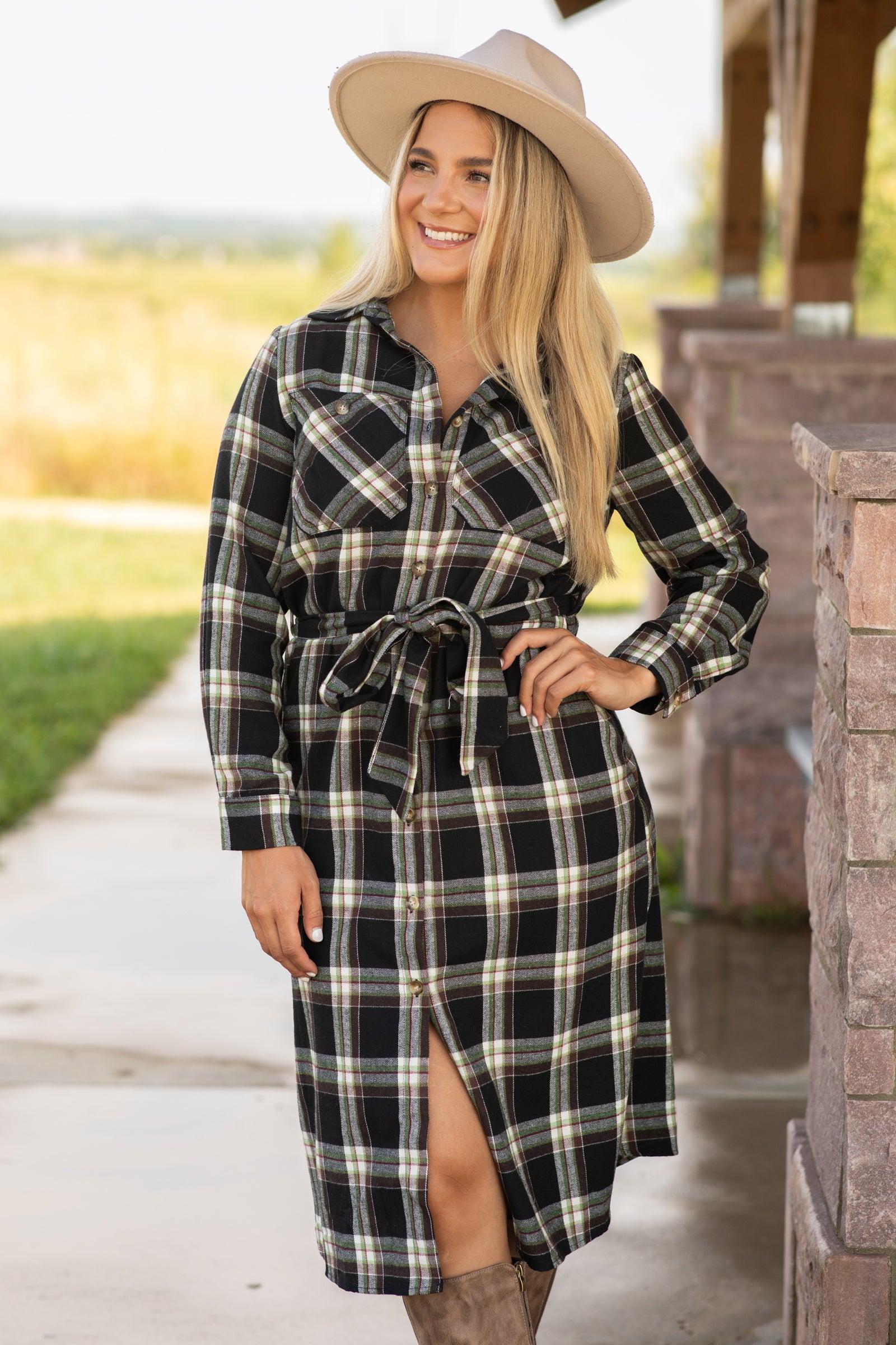 Black and Cream Plaid Self Tie Shirt Dress Product Image