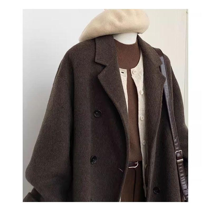 Collared Plain Double Breasted Coat Product Image