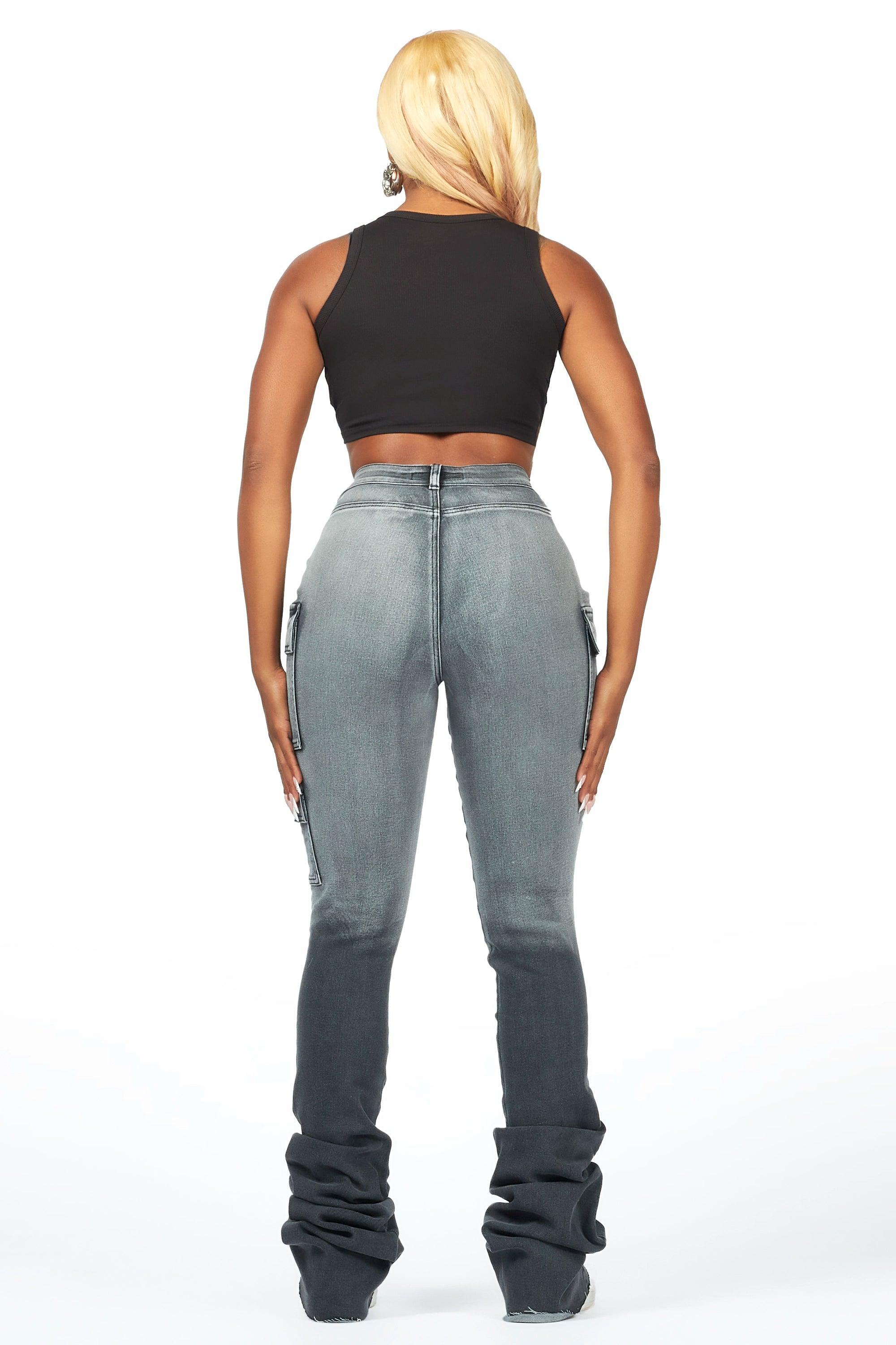 Vixen Grey Wash Distressed Cargo Super Stacked Jean Female Product Image