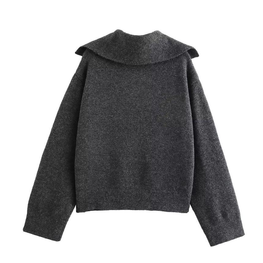 Drop Shoulder Collared Plain Crop Sweater Product Image