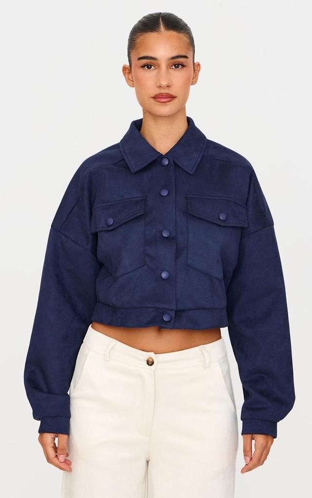 Navy Faux Suede Cropped Trucker Jacket Product Image