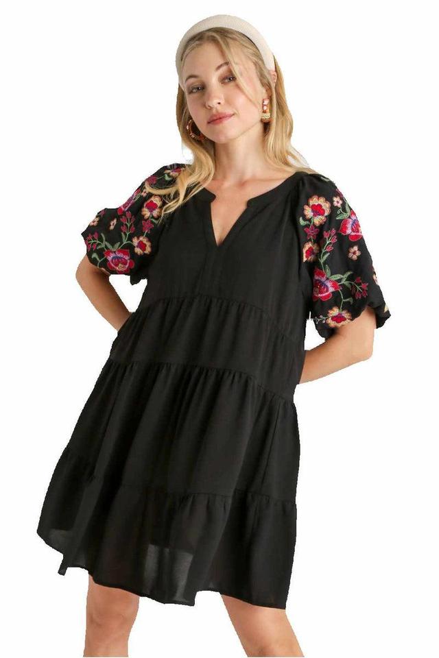 Black Embroidered Puff Sleeve Dresss Product Image