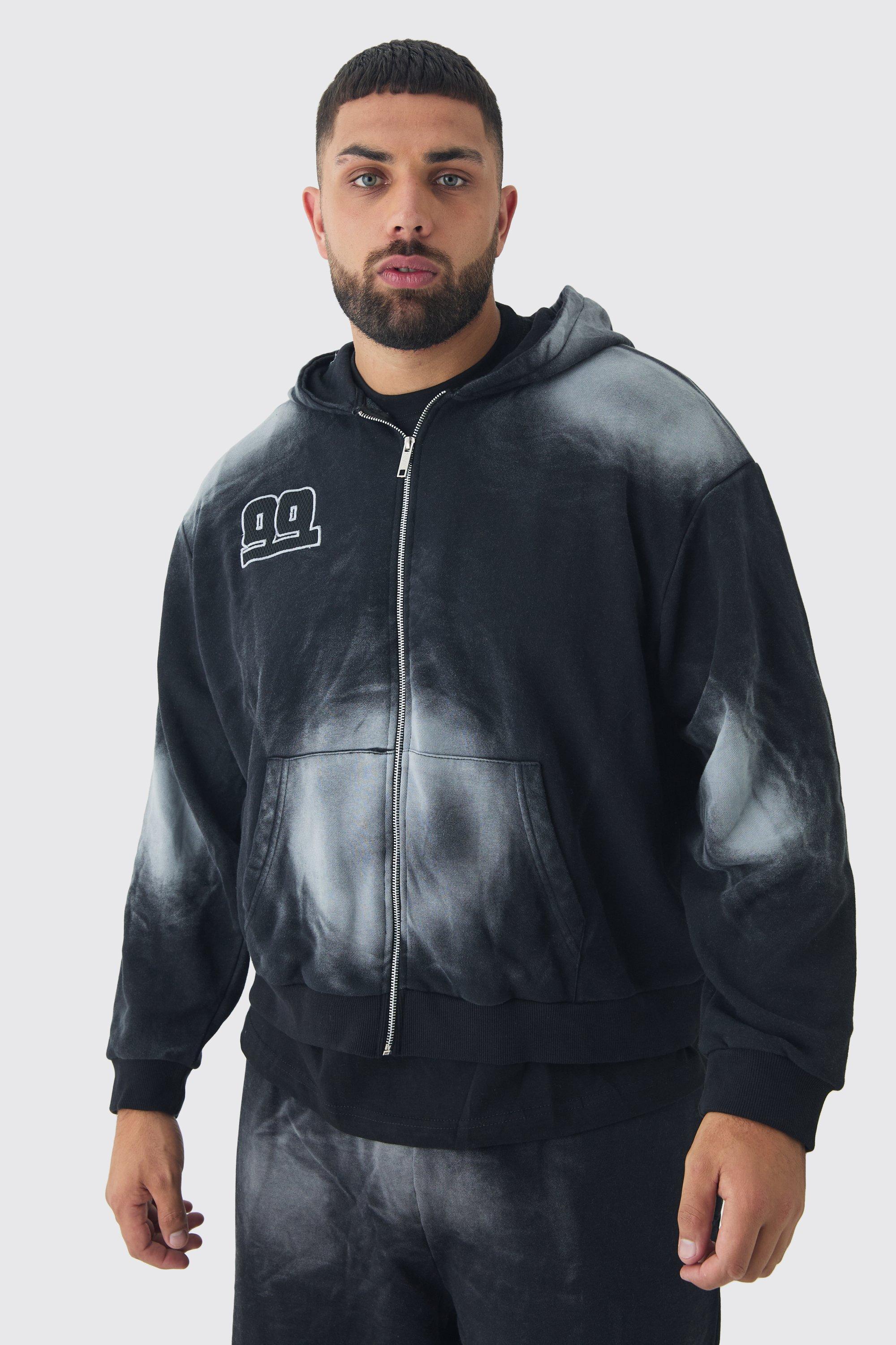 Mens Black Plus Oversized Zip Thru Heavy Washed Applique Hoodie, Black Product Image