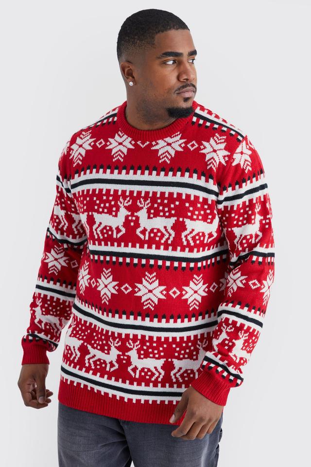 Plus Reindeer Fairisle Christmas Sweater | boohooMAN USA Product Image