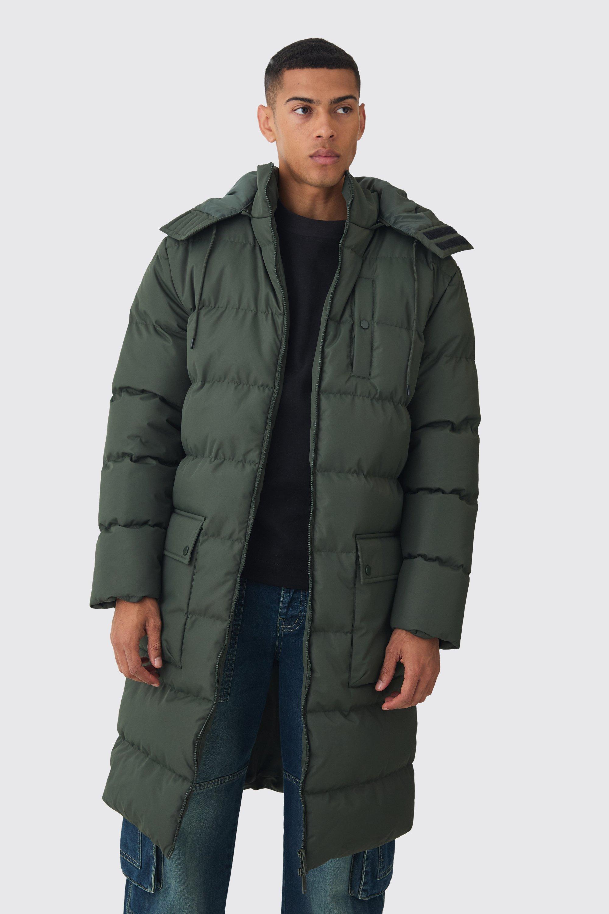 Longline Hooded Puffer Coat In Khaki | boohooMAN USA Product Image