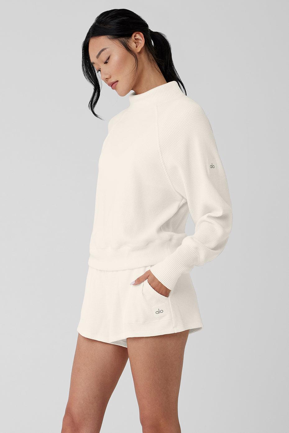 Alo Yoga | Waffle Weekend Escape Mock Neck Long Sleeve Sweatshirt White Product Image