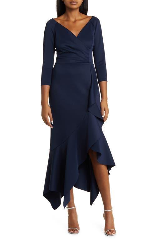 XSCAPE Long Sleeve V Front Ruffle Scuba (Midnight) Women's Dress Product Image