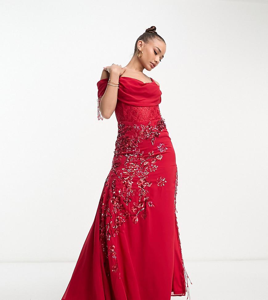 Starlet bardot maxi dress with thigh split in red floral lace with bead fringe product image