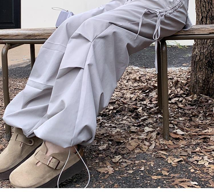 Drawstring Waist Plain Wide Leg Cargo Pants Product Image