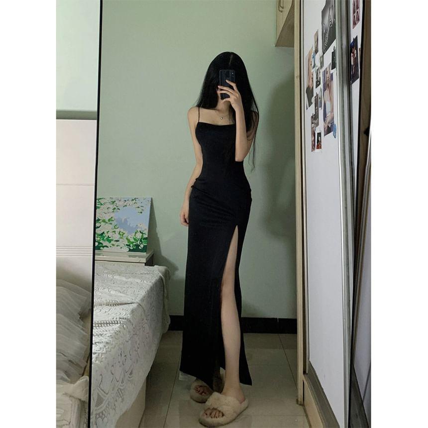 Spaghetti Strap Plain Side-Slit Maxi Sheath Dress Product Image