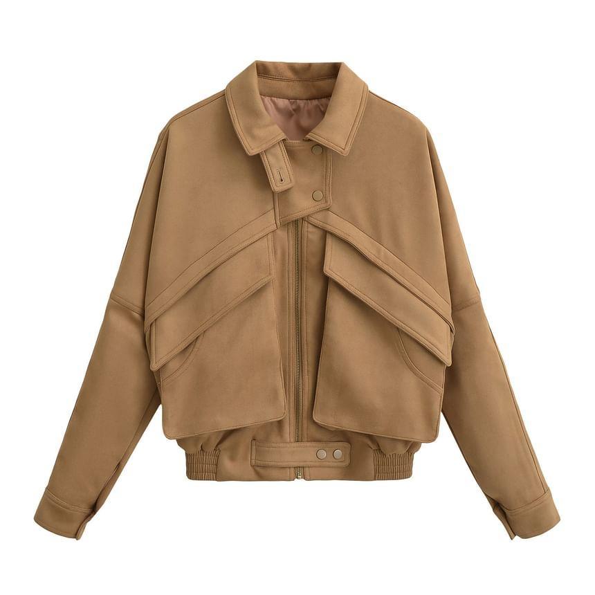 Plain Asymmetrical Faux Suede Zip Jacket Product Image