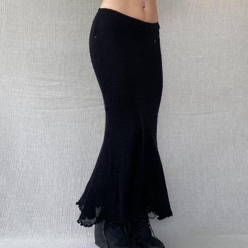 Low Rise Plain Knitted Maxi Pencil Skirt Product Image