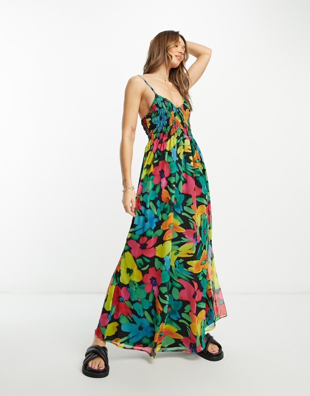 ASOS DESIGN soft shirred cami midi sundress in blurred floral print Product Image