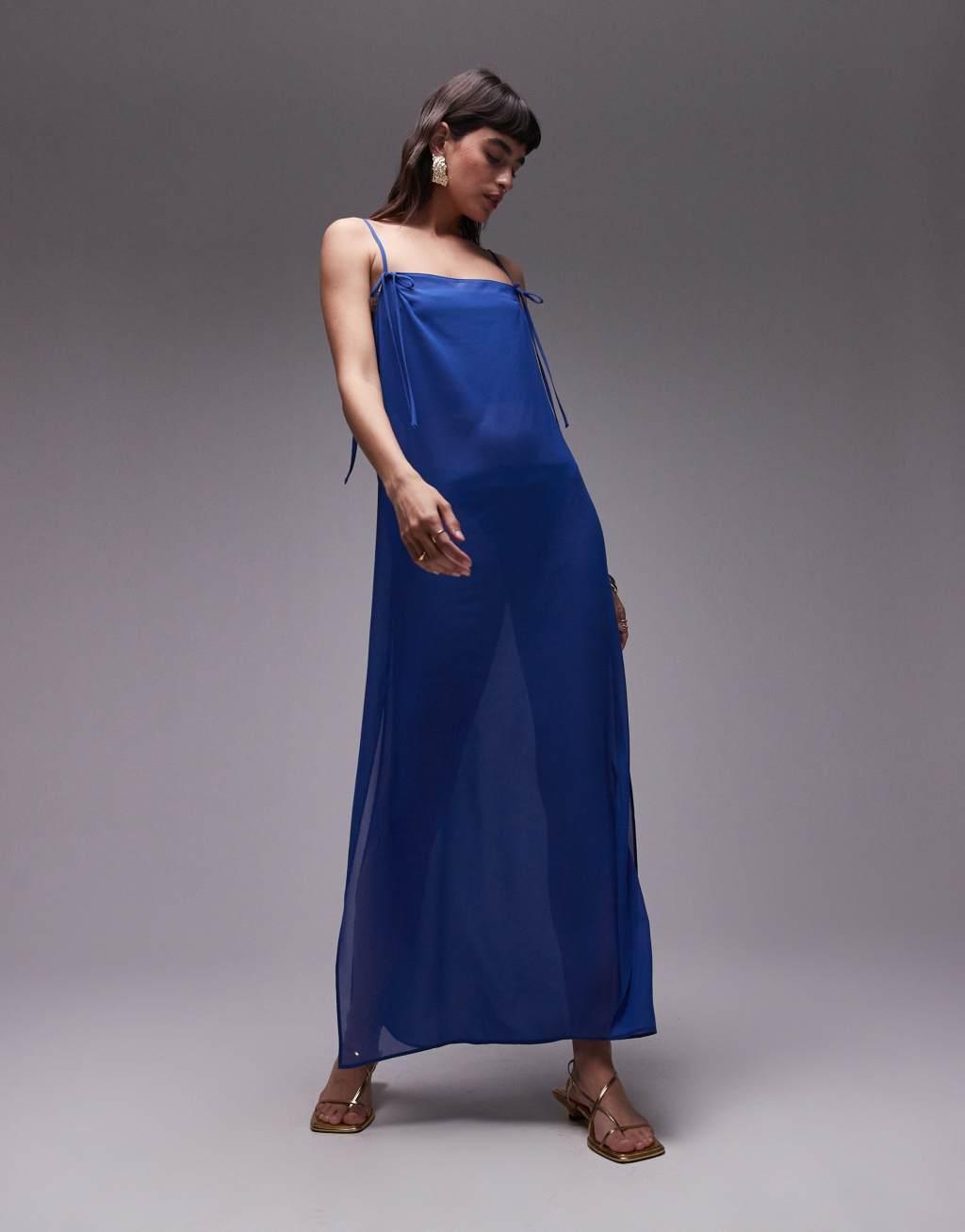 Topshop sheer midi dress with bow detail in blue Product Image