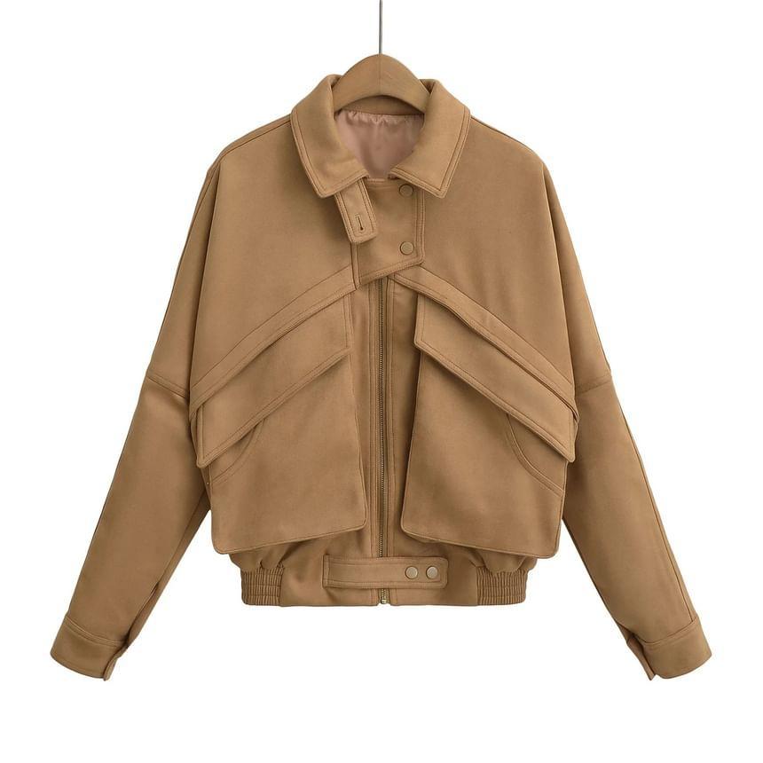 Lapel Collar Plain Faux Leather Zip Jacket Product Image