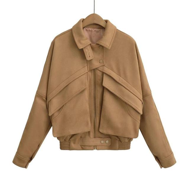 Lapel Collar Plain Faux Leather Zip Jacket Product Image