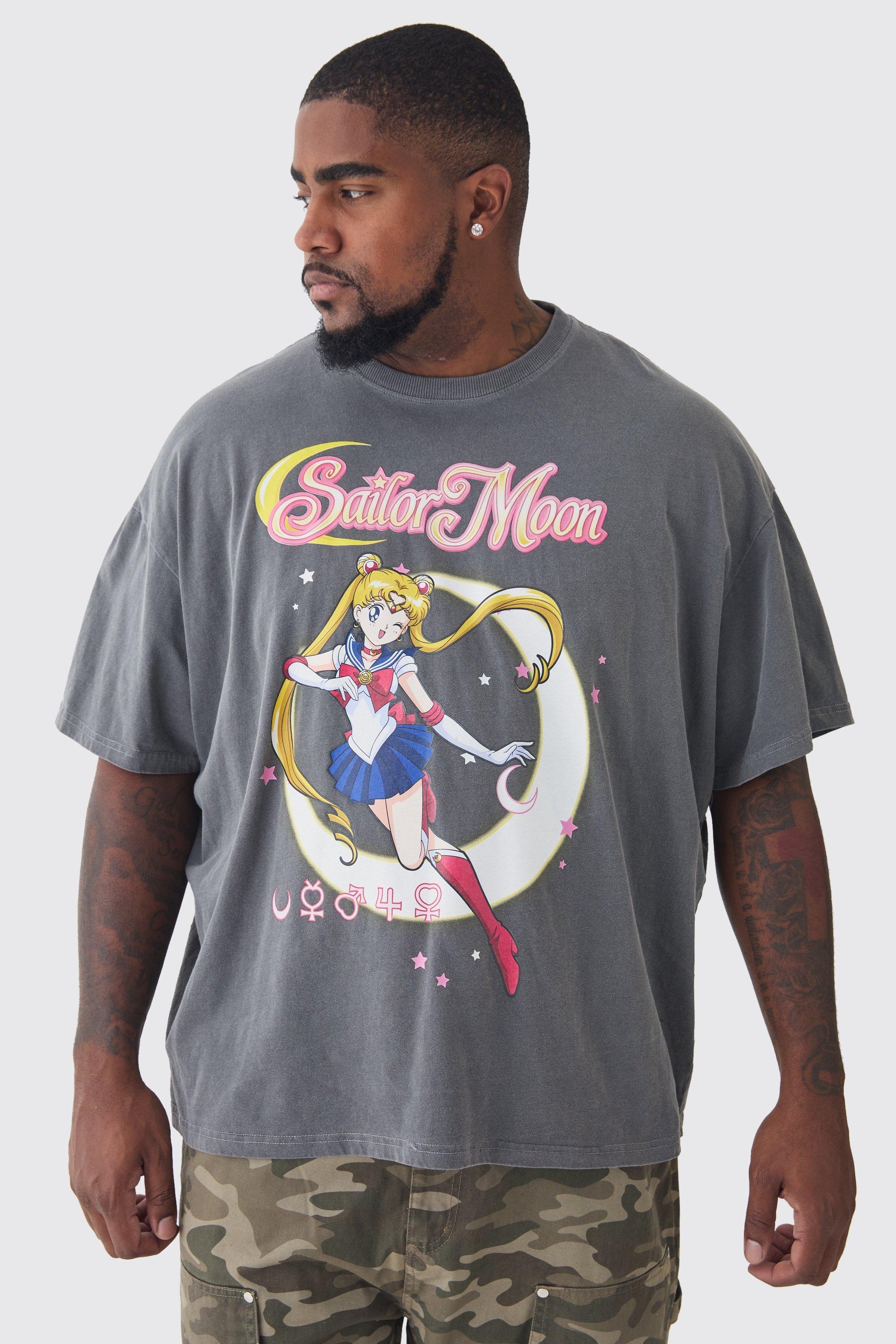 Plus Sailor Moon Licence Washed T-shirt in Grey | boohooMAN USA Product Image