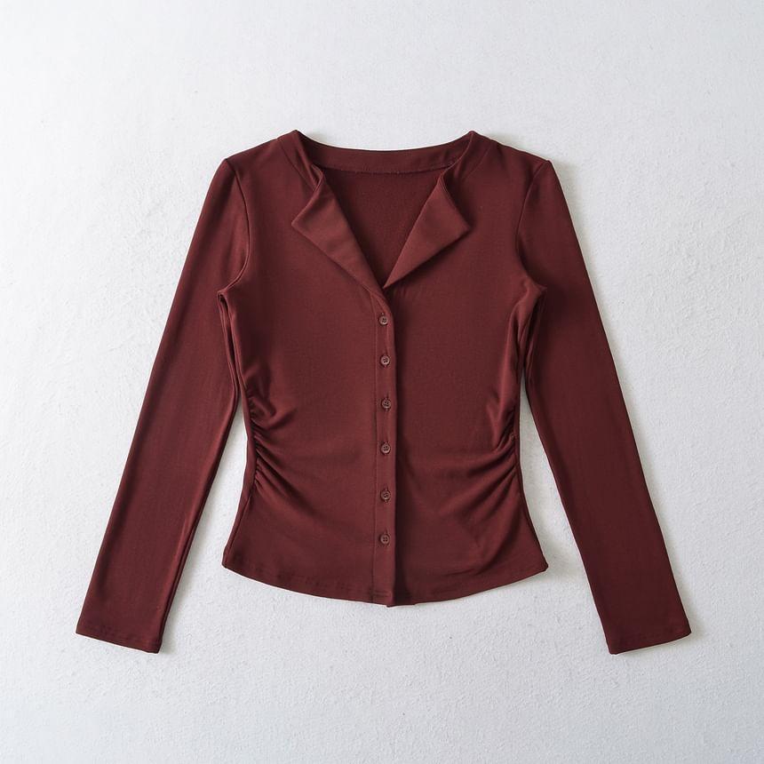 Long Sleeve Open Placket Ruched Button Top Product Image