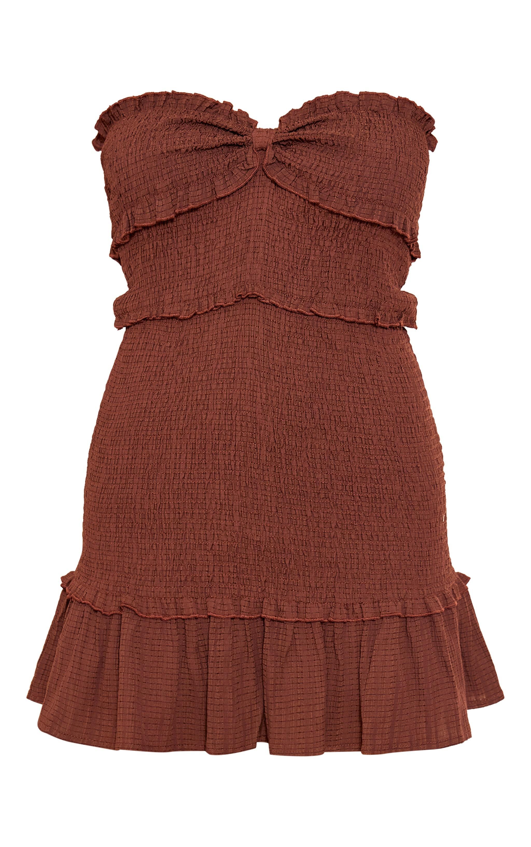 Chocolate Shirred Frill Bandeau Shift Dress Product Image