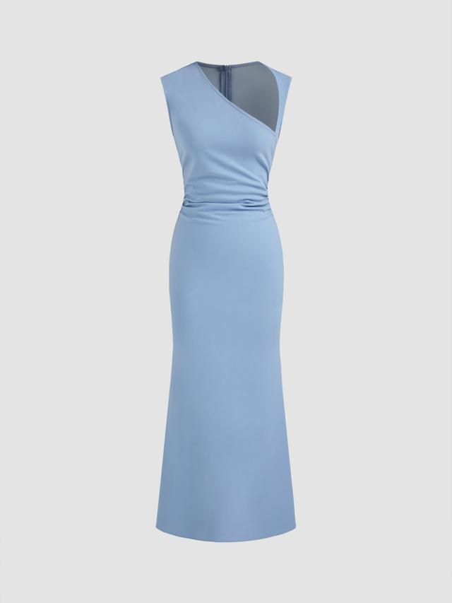 Asymmetrical Neck Solid Ruched Zipper Maxi Dress Product Image