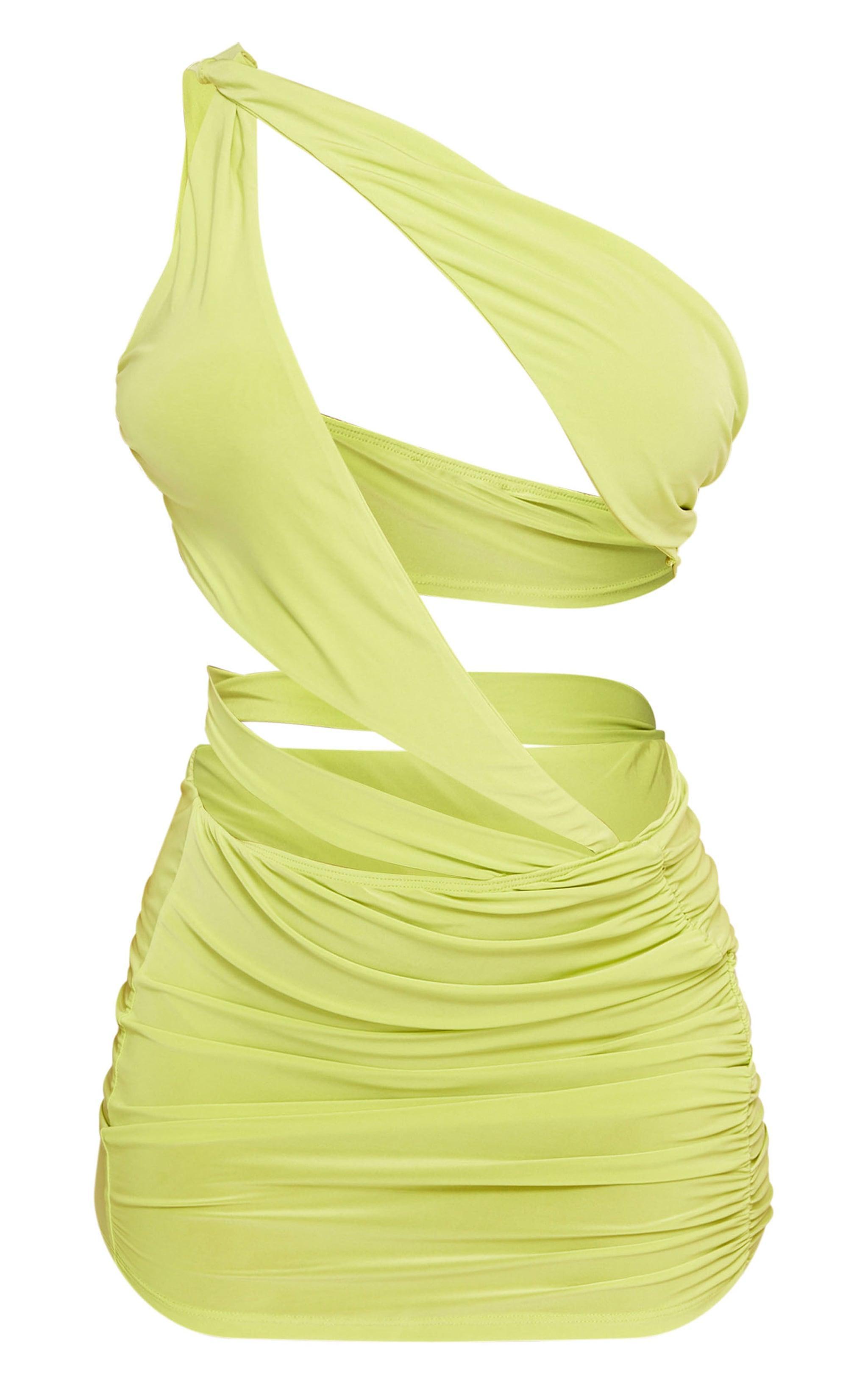 Lime Slinky One Shoulder Cut Out Low Waist Bodycon Dress Product Image