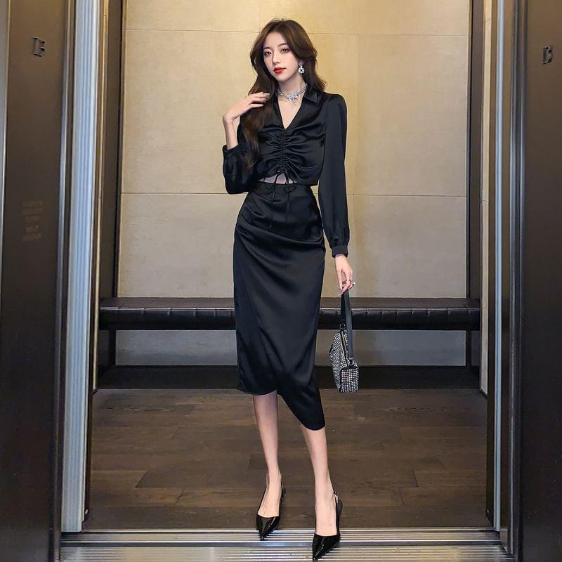 Set: Long-Sleeve Collared Plain Ruched Crop Blouse + High Waist Plain Midi A-Line Skirt Product Image