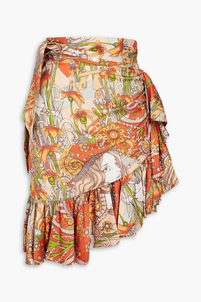 Ruffled Printed Stretch-silk Crepe De Chine Skirt In Orange Product Image