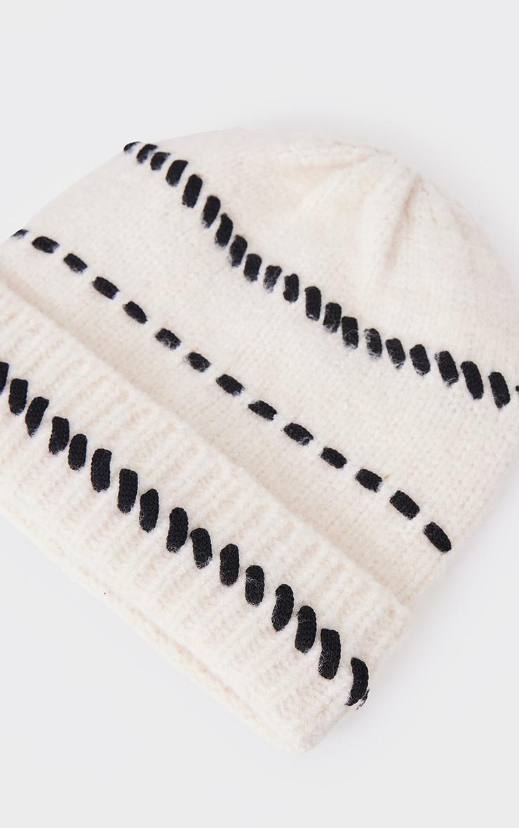 Cream Contrast Stitch Knit Beanie Product Image